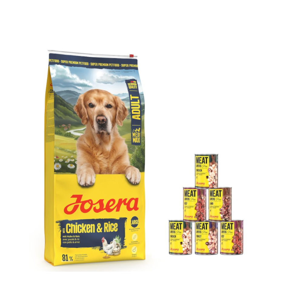 12,5 kg Josera Adult + Meatlovers Nassfutter gratis! - Medi/Maxi Huhn & Reis + 6 x 400 g Pure: Mix (4 Sorten, altes Design) von Josera