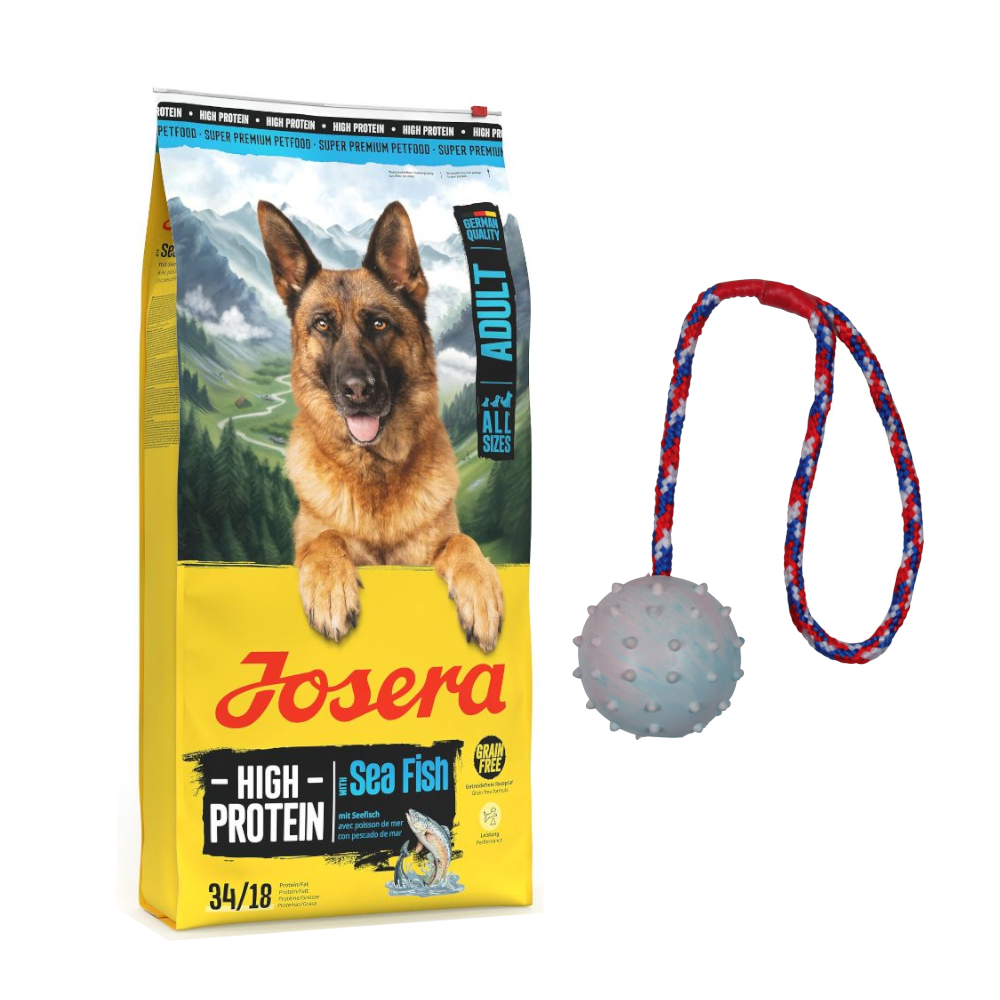 12,5 kg Josera High Protein Adult + Trixie Hundespielzeug Gummiball mit Schnur gratis! - Seefisch + 1 Ball ca. Ø 6 cm, Kordel 30 cm lang von Josera
