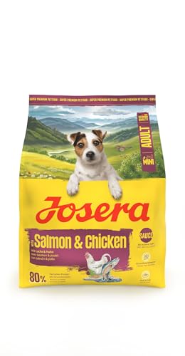 JOSERA Mini Adult Lachs & Huhn (1 x 900 g) | Premium Trockenfutter für ausgewachsene Hunde Kleiner Rassen | mit Biotin | kleine Kroketten | mit leckerem Soßenpulver auch nass zu verfüttern | 1er Pack von Josera