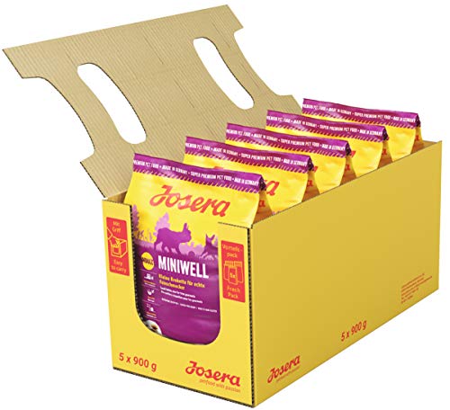 JOSERA Miniwell (5 x 900 g) | Adult Mini | Premium Trockenfutter für ausgewachsene Hunde Kleiner Rassen | Geflügel & Reis | Kleine Kroketten | extraverträglich | weizenfrei | Hundefutter | 5er Pack von Josera