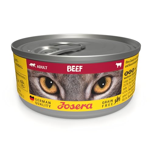 JOSERA Nassfutter Beef (12 x 85 g) | Adult | Premium Katzenfutter nass für ausgewachsene Katzen | Rind | mit Lachsöl | getreidefrei | gegen Harnsteinbildung und Haarballen | Alleinfutter | 12er Pack von Josera
