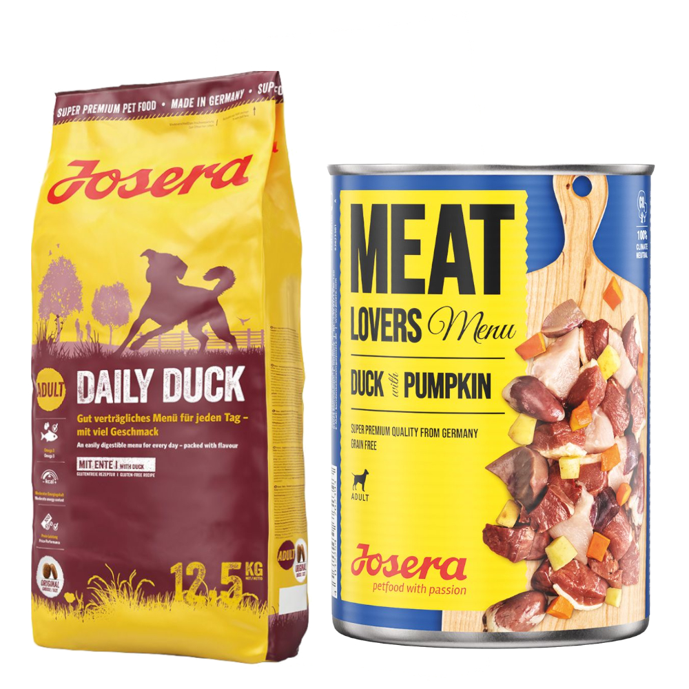 Josera Kombi-Paket: 12,5 kg Daily + 12 x 400 g Meatlovers Menü - 12,5 kg Ente + 12 x 400 g Ente & Kürbis Josera Kombi-Paket: 12,5 kg Daily + 12 x 400 g Meatlovers Menü - 12,5 kg Ente + 12 x 400 g Ente & Kürbis von Josera