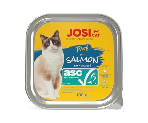 JosiCat Paté with Salmon (32 x 100 g) | Saftiges Katzenfutter mit Lachs (ASC-Zertifiziert) | getreidefrei | Premium Nassfutter für ausgewachsene Katzen | Alleinfutter | Powered by JOSERA | 32er Pack von JosiCat