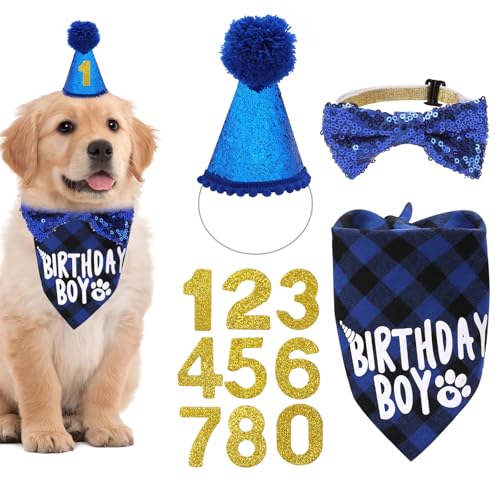 Geburtstagsparty-Zubehör für Hunde und Katzen, Geburtstagsdekorationen – Bandana-Hut und Fliege mit Zahlen für kleine, mittelgroße und große Haustiere (Größe XL, Blau) von Josojoou