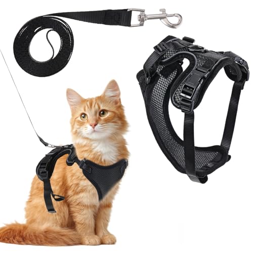 Katzengeschirr und Leine, ausbruchsicher, weich, verstellbar, Katzenleine, atmungsaktiv, bequeme Weste, einfach zu tragen, Kätzchengeschirr für Spaziergänge im Freien (Schwarz, S) von Josojoou