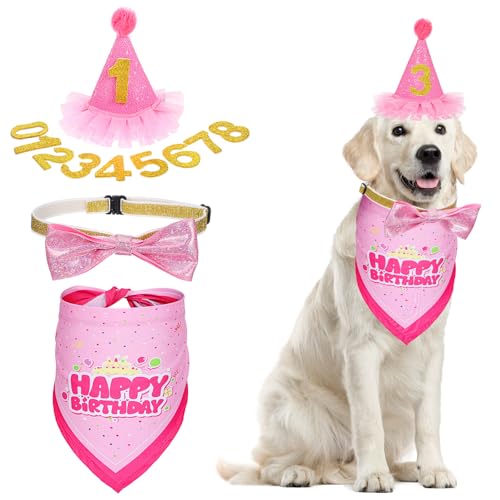 Partyzubehör für Hunde, Geburtstagshut, Katzen-Geburtstagsdekoration, Hut, Bandana, Fliege, Halsband mit Nummer für große, mittelgroße und kleine Haustiere (Rosa) von Josojoou