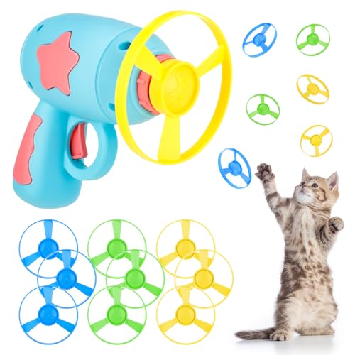Jostift Cat Fetch Toy, Fliegender Propeller Disc Katzenspielzeug mit 1 Launchers und 8 Propellers Zufällige Farbe, Katze Chasing Spielzeug für Interactive Training Jagd Schlagen von Jostift
