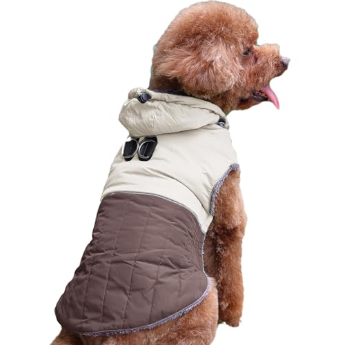 JoyDaog Abnehmbarer Hundemantel mit Kapuze und Geschirr für kleine Hunde, super warme Fleece-Welpenjacke für den kalten Winter, Braun, Größe S von JoyDaog