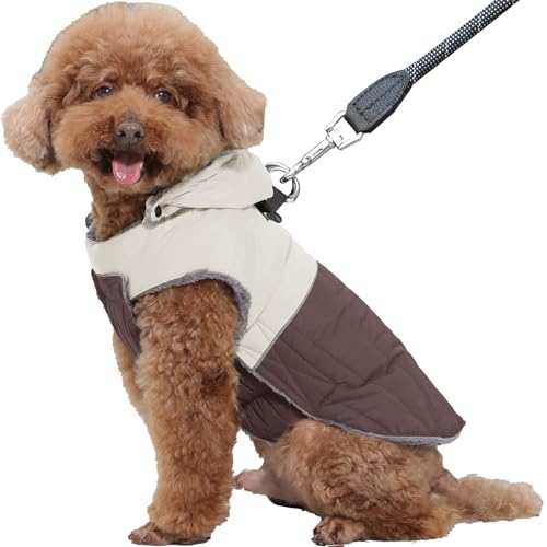 JoyDaog Abnehmbarer Hundemantel mit Kapuze und Geschirr für kleine Hunde, super warme Fleece-Welpenjacke für kalte Wintermäntel, Braun, Größe M JoyDaog Abnehmbarer Hundemantel mit Kapuze und Geschirr für kleine Hunde, super warme Fleece-Welpenjacke für kalte Wintermäntel, Braun, Größe M von JoyDaog