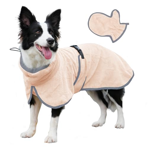 JoyDaog Hunde-Bademantel mit Badehandschuh für schnell trocknende Mäntel, Hundemäntel mit verstellbaren Hüftgurten für mittelgroße Hunde, leicht absorbierende Handtücher, Beige, Größe M von JoyDaog