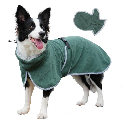 JoyDaog Hunde-Bademantel mit Badehandschuh für schnell trocknende Mäntel, Welpenmäntel mit verstellbaren Hüftgurten für kleine Hunde, leicht absorbierende Handtücher, Grün, Größe S von JoyDaog