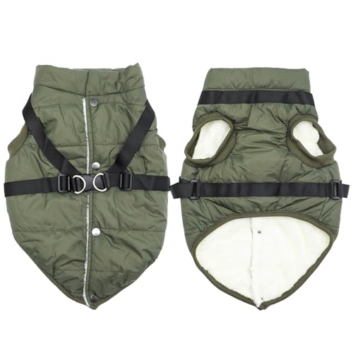 JoyDaog Hundejacke mit Geschirr, mit Fleece gefüttert, warmer Welpenmantel für den Winter, weich, winddicht, für kleine Hunde, Grün, Größe S von JoyDaog