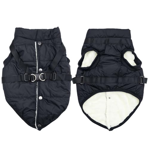 JoyDaog Hundejacke mit Geschirr, mit Fleece gefüttert, warmer Welpenmantel für den Winter, weich, winddicht, große Hundeweste, Schwarz, Größe XXL von JoyDaog