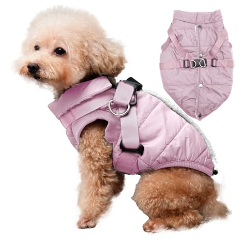 JoyDaog Hundejacke mit Geschirr, mit Fleece gefüttert, warmer Welpenmantel für den Winter, weich, winddicht, mittelgroße Hundeweste, Hellrosa, Größe XL von JoyDaog