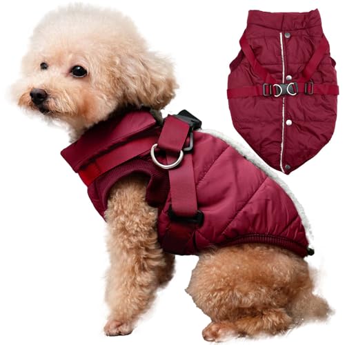 JoyDaog Hundejacke mit Geschirr, mit Fleece gefüttert, warmer Welpenmantel für den Winter, weich, winddicht, mittelgroße Hundeweste, Rot, Größe XL von JoyDaog