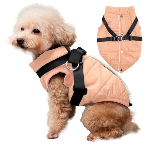 JoyDaog Hundejacke mit Geschirr, mit Fleece gefüttert, warmer Welpenmantel für den Winter, weiche, winddichte Weste für kleine Hunde, Hellorange, Größe XS von JoyDaog