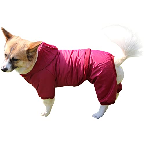 JoyDaog Hundemantel mit Fleece-Futter und abnehmbarer Kapuze und abnehmbaren Hinterbeinen, warme Welpenjacke im Winter (Rot, XXL) von JoyDaog