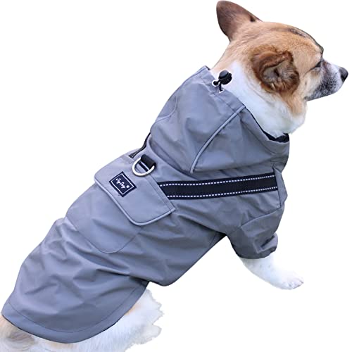 JoyDaog Premium-Hunde-Regenmantel mit Kapuze für große Hunde, Outdoor-Sport, wasserdichte Hunde-Regenjacke, Welpen-Regenmantel mit Taschen, Grau, XL von JoyDaog