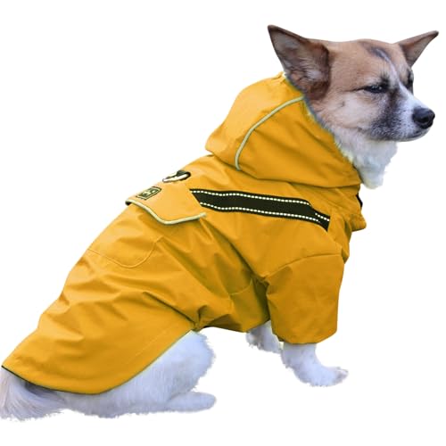 JoyDaog Premium-Regenmantel mit Kapuze für Mittelgroße Hunde, Outdoor-Sport, Wasserdichte Regenjacke, Welpen-Regenmantel mit Taschen, Gelb, Größe L von JoyDaog