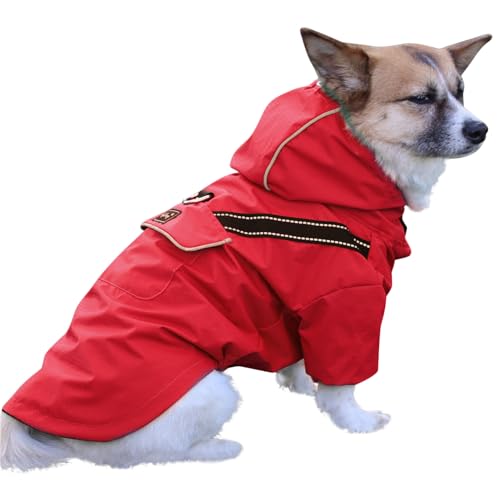 JoyDaog Premium-Regenmantel Mit Kapuze für Mittelgroße Hunde, Outdoor-Sport, Wasserdichte Regenjacke, Welpen-Regenmantel Mit Taschen, Rot, Größe L von JoyDaog