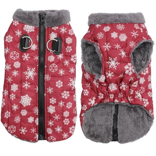 JoyDaog Warmer Fleece-Hundemantel mit strapazierfähigem Geschirr mit D-Ring, wasserdichte Hundejacke für große Hunde, Hundeweste für den kalten Winter, Rot, Schneemuster, Größe XXXL von JoyDaog