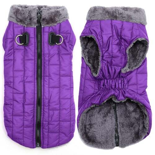 JoyDaog Warmer Fleece-Hundemantel mit strapazierfähigem Geschirr mit D-Ring, wasserdichte Welpenjacke für kleine Hunde, Hundeweste für den kalten Winter, Lila, Größe XS von JoyDaog
