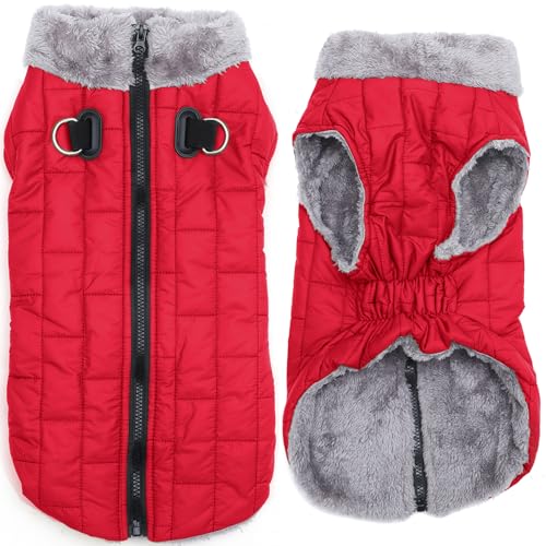 JoyDaog Warmer Fleece-Hundemantel mit strapazierfähigem Geschirr mit D-Ring, wasserdichte Welpenjacke für kleine Hunde, Hundeweste für den kalten Winter, Rot, Größe XS von JoyDaog
