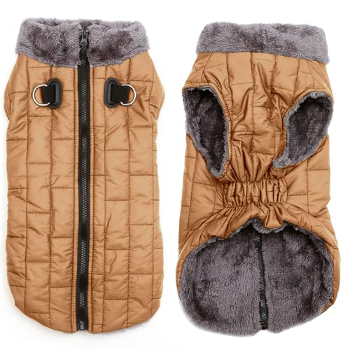 JoyDaog Warmer Fleece-Hundemantel mit strapazierfähigem Geschirr mit D-Ring, wasserdichte Welpenjacke für kleine Hunde, Hundeweste für den kalten Winter, brüniertes Khaki, Größe XS von JoyDaog