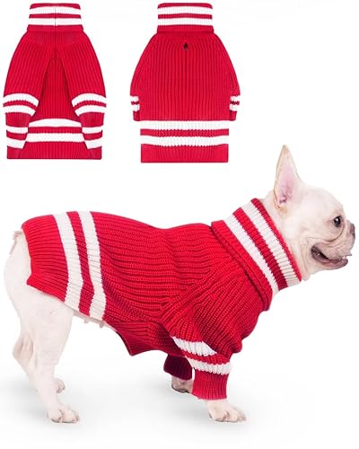 JOYAHOO Kleiner Hundepullover, gestreifter Pullover, Winterhunde, Weihnachtspullover für kleine Hunde, Jungen, Mädchen, Welpen, warmes Weihnachtskostüm, Kleidung für Französische Bulldogge, Mops rot, von Joyahoo