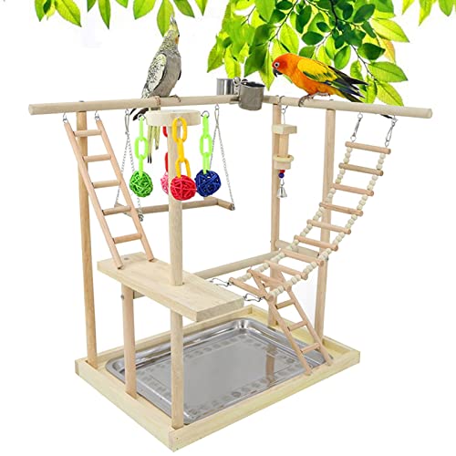 Joyeee Großes Sittich-Spielplatz, mit Stahl-Vogelfutterschale, Spielplatz-Schaukel, Holzleiter, bunte Vogelspielzeug-Rattan-Bälle, Edelstahl-Tablett, zum Aufheben von Lebensmitteln, 48 x 33 x 54,4 cm von Joyeee