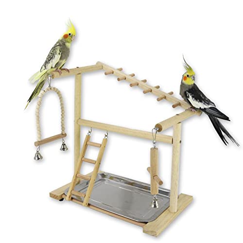 Joyeee Nymphensittich Spielplatz, Kakadu Sitzstange Tisch mit Vogelfutternapf, Vogelstangen, Vogelglocke Spielzeug Haustierprodukte, kleine Vögel Kauen Klettern Spielen, 36,6 x 22,9 x 39,4 cm M von Joyeee