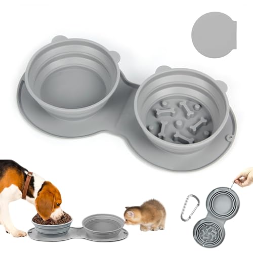 Anti Schling Napf Hund Napfset, Futternapf Hund für Den Außeneinsatz, Faltbar Anti Schling Napf Katze Napfset, Silikon Schlingnapf Hunde, rutschfest Katzen Futternapf, Grau von Joyes
