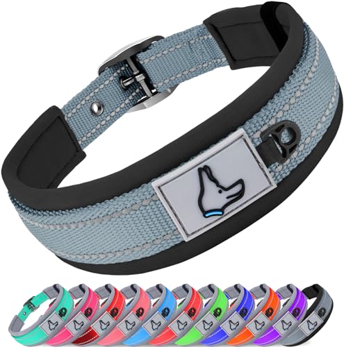 Joytale Hundehalsband, Weich Gepolstert Neopren Halsbänder für Große Hunde, Nylon Reflektierend Breit Halsband Hund, Grau von Joytale