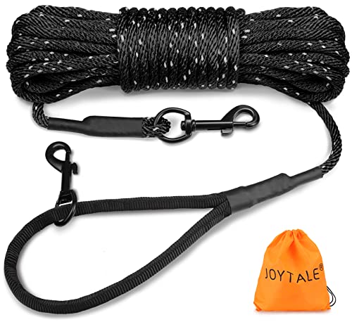 Joytale Reflektierend Schleppleine für Hunde, 15m Hundeleine mit Gepolsterten Griff und 2 Karabinerhaken, Nylon Lange Seil Trainingsleine für Welpen, Kleine Hunde, Schwarz von Joytale