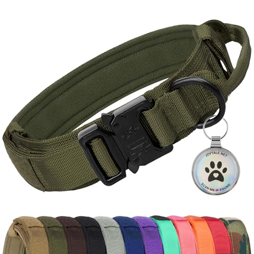 Joytale Taktisches Hundehalsband | Hunde Halsband mit Griff | Hundehalsband Große Hunde mit QR Code Hundemarke, Armeegrün, L von Joytale
