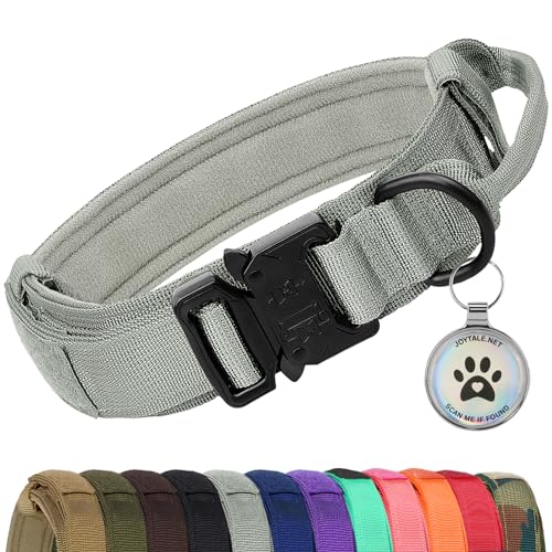 Joytale Taktisches Hundehalsband | Hunde Halsband mit Griff | Hundehalsband Große Hunde mit QR Code Hundemarke, Grau, L von Joytale