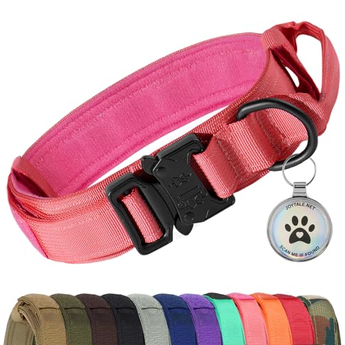 Joytale Taktisches Hundehalsband | Hunde Halsband mit Griff | Hundehalsband Große Hunde mit QR Code Hundemarke, Leuchtend Rosa, L von Joytale