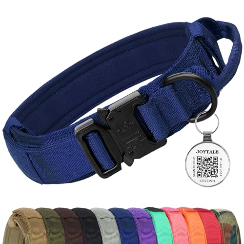 Joytale Taktisches Hundehalsband | Hunde Halsband mit Griff | Hundehalsband Große Hunde mit QR Code Hundemarke, Navy Blau, XL von Joytale