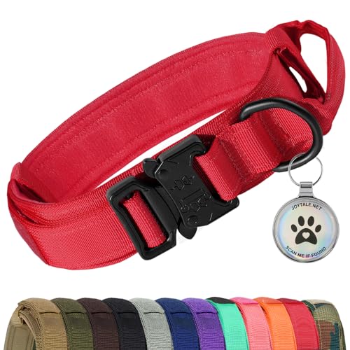 Joytale Taktisches Hundehalsband | Hunde Halsband mit Griff | Hundehalsband Große Hunde mit QR Code Hundemarke, Rot, L von Joytale