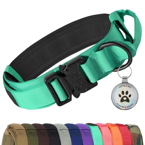 Joytale Taktisches Hundehalsband | Hunde Halsband mit Griff | Hundehalsband Große Hunde mit QR Code Hundemarke, Türkis, L von Joytale
