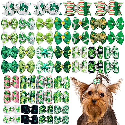 JpGdn 50 Stück/25 Paar St. Patrick's Day Hundehaarschleifen mit Gummibändern, grüne Tierhaarschleife, Knoten, für kleine, mittelgroße Hunde, Welpen, Katzen, Kaninchen, Pudel, Fellpflegezubehör von JpGdn
