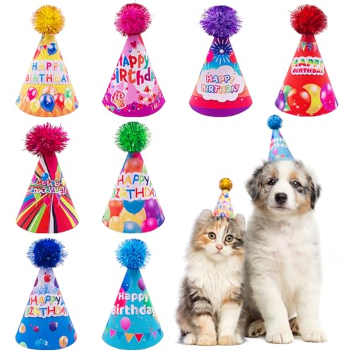 JpGdn 8 stücke Hund Happy Birthday Party Kegel Hüte für Kleine Mädchen Junge Rosa Gelb Blau Lila Hund Welpen Katze Kätzchen Pflege Zubehör von JpGdn