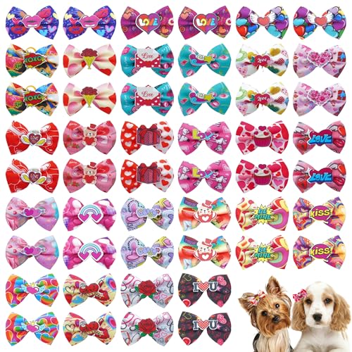 JpGdn Haarschleifen für Hunde, mit Gummibändern, Schleife, Knoten, elastisch, Rosa / Rot, für Hunde, Welpen, Pudel, 50 Stück / 25 Paar von JpGdn