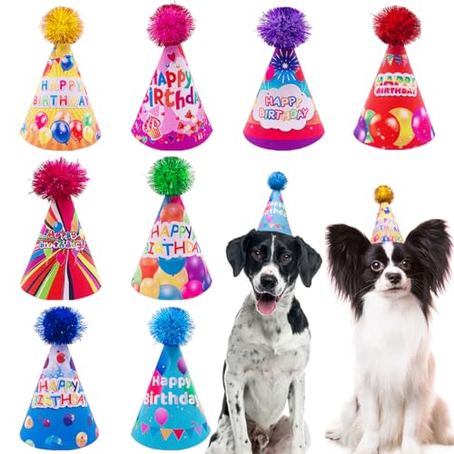 JpGdn Hundehüte mit Aufschrift "Happy Birthday", für mittelgroße und große Mädchen, Jungen, Rosa, Gelb, Blau, Violett, für Welpen, Katzen, Kätzchen, Fellpflege-Zubehör, 8 Stück von JpGdn