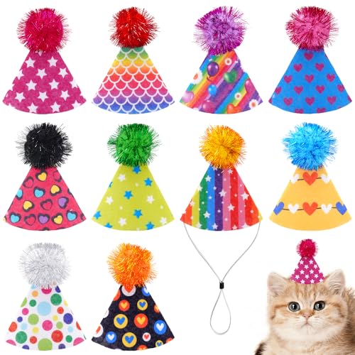 JpGdn Mini-Geburtstagsparty-Hüte, Filz, mit Pompons, für Stofftiere, Welpen, Hunde, Puppen, Katzen, Kätzchen, verstellbare Kopfbedeckung, Regenbögen, Lila, Grün, Schwarz, 10 Stück von JpGdn