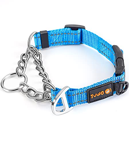 JuWow Martingale Halsband, reflektierendes Trainings-Hundehalsband, Edelstahlkette, kein Ziehen, Trainingshalsband für kein Ziehen, Leine und Gehen (36,2 cm - 45,1 cm x 2,5 cm, blau) von JuWow