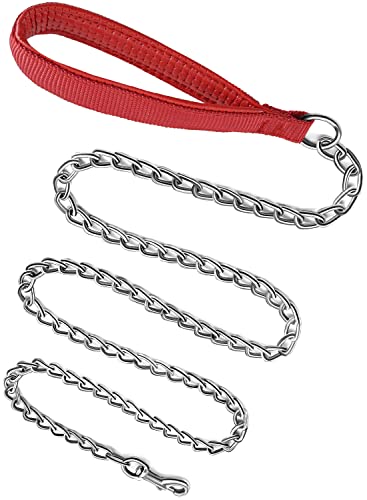 JuWow Metall-Hundeleine, strapazierfähig, kaufest, Kette mit gepolstertem Griff für große und mittelgroße Hunde (3,0 mm x 1,8 m, rot) von JuWow