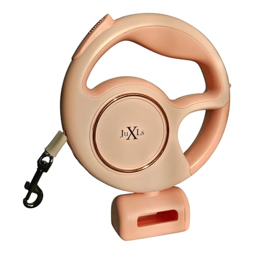 Hundeleine mit Schloss zur Befestigung,LED, edel,elegant,3m, Kotbeutelhalter,Reflektoren bessere Sichtbarkeit, weiß/rosé Goldakzente, Sicherheit im Dunkeln,Taschenlampe,bis 10kg,Geschenk Hund (Rose) von JuXLs