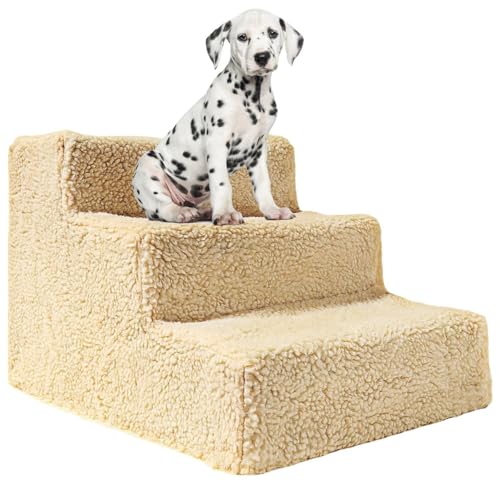 Hundetreppe 3 Stufen, Leichte Haustiertreppe Für Hunde Und Katzen, Kleine & Große Hunde, Bett & Couch, Stoffbezug Waschbar, Tierbedarf,Tiertreppe Innen,30X35x45 cm,Einfach Zu Montieren A von JuanNest