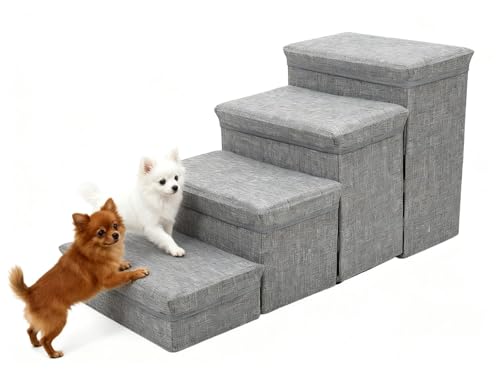 Hundetreppe 4 Stufen Mit Aufbewahrungsbox, Haustiertreppe Für Betten Und Couch,Katzen,Kleine & Große Hunde,Tiertreppe Innen, 80X33x40 cm, Kletterstufe,Zusammenklappbar Für Einfache Lagerung B von JuanNest